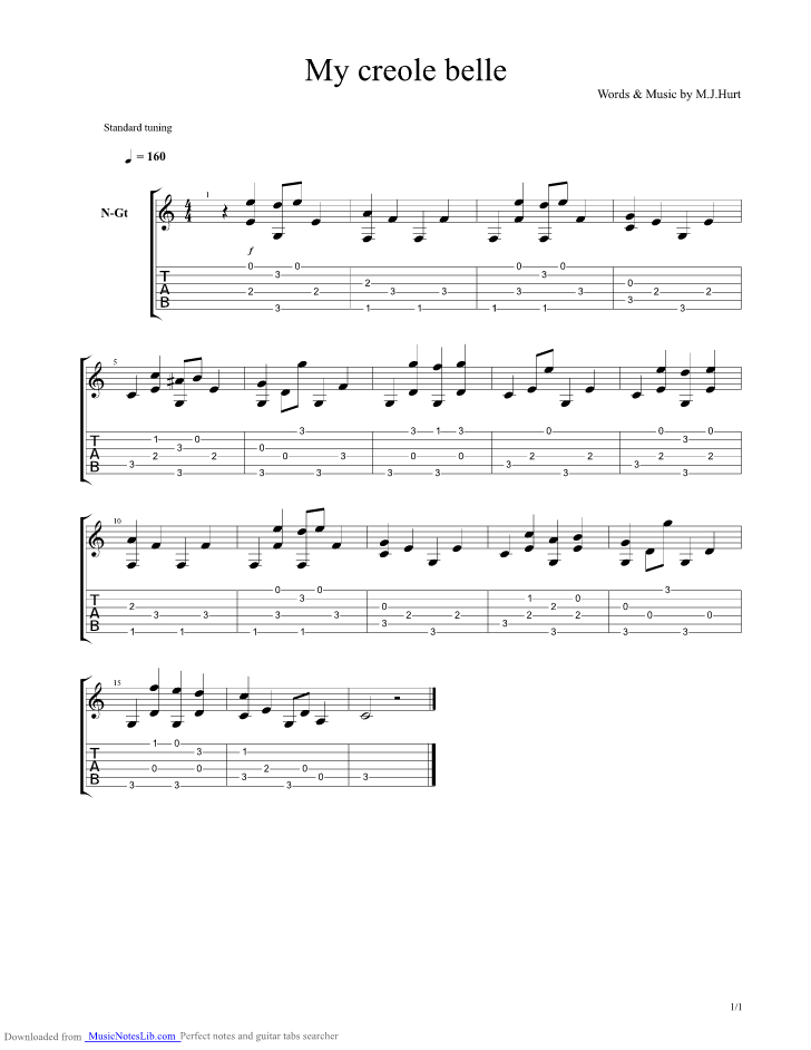 My Creole Belle guitar pro tab by Mississippi John Hurt
