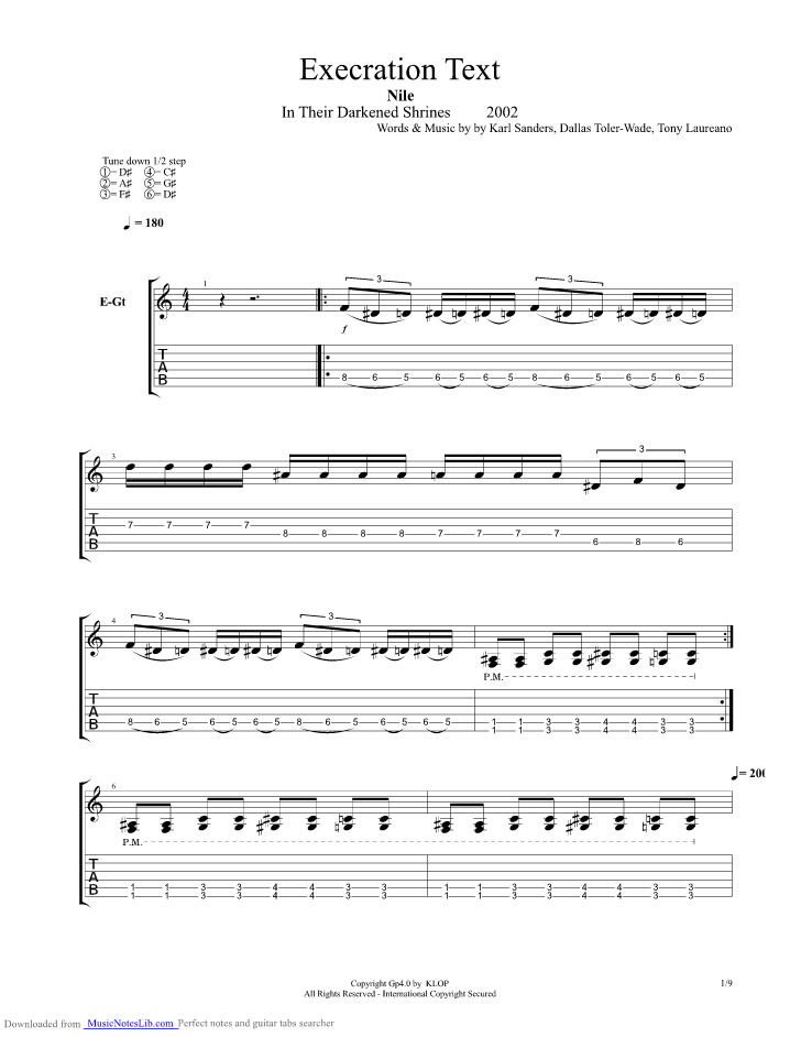 Execration Text guitar pro tab by Nile