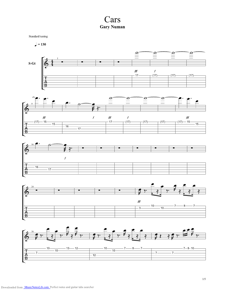 Cars guitar pro tab by Gary Numan