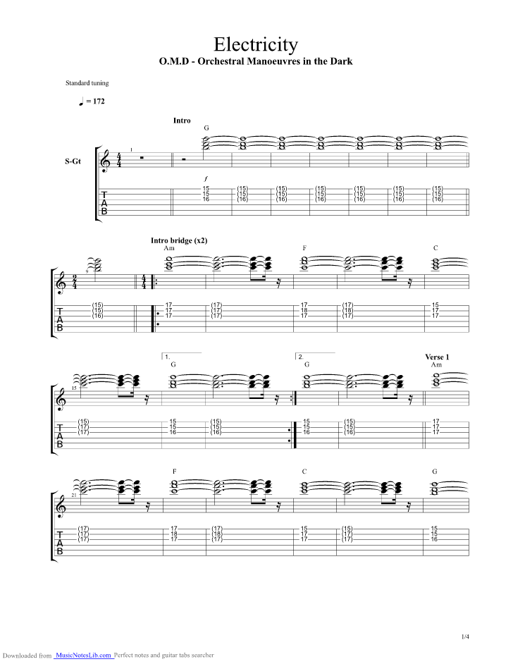Electricity guitar pro tab by Orchestral Manoeuvres In The Dark OMD