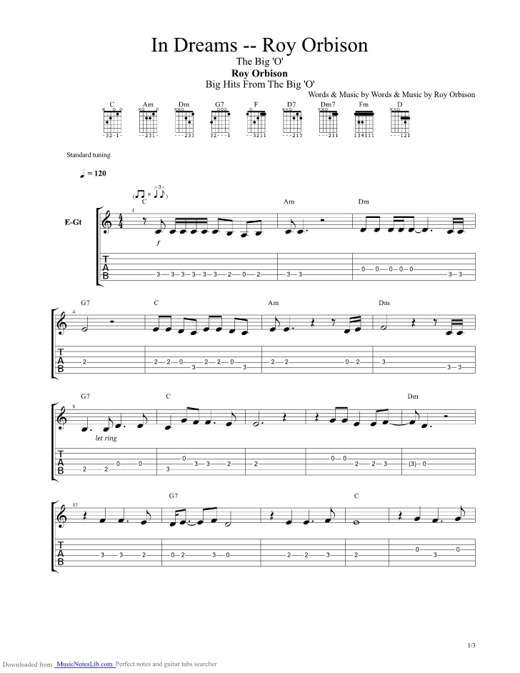 In Dreams guitar pro tab by Roy Orbison