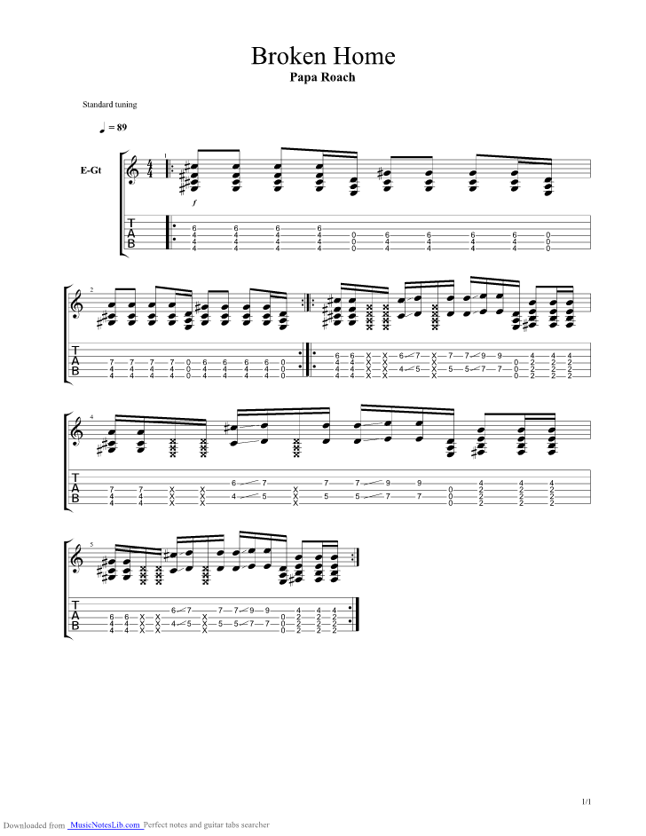 Broken Home guitar pro tab by Papa Roach