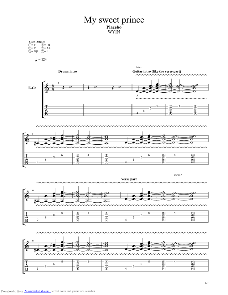 My Sweet Prince guitar pro tab by Placebo