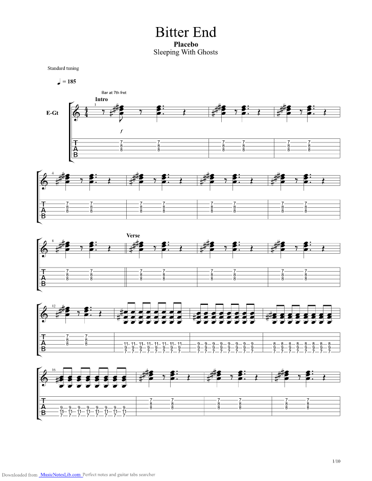 Bitter End guitar pro tab by Placebo