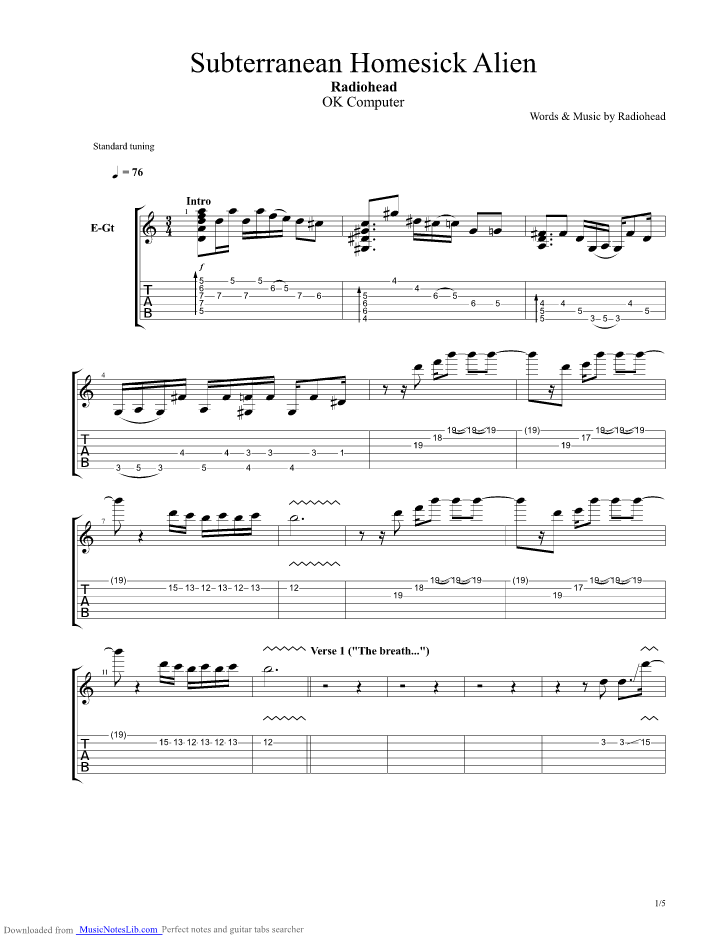Subterranean Homesick Alien guitar pro tab by Radio Head