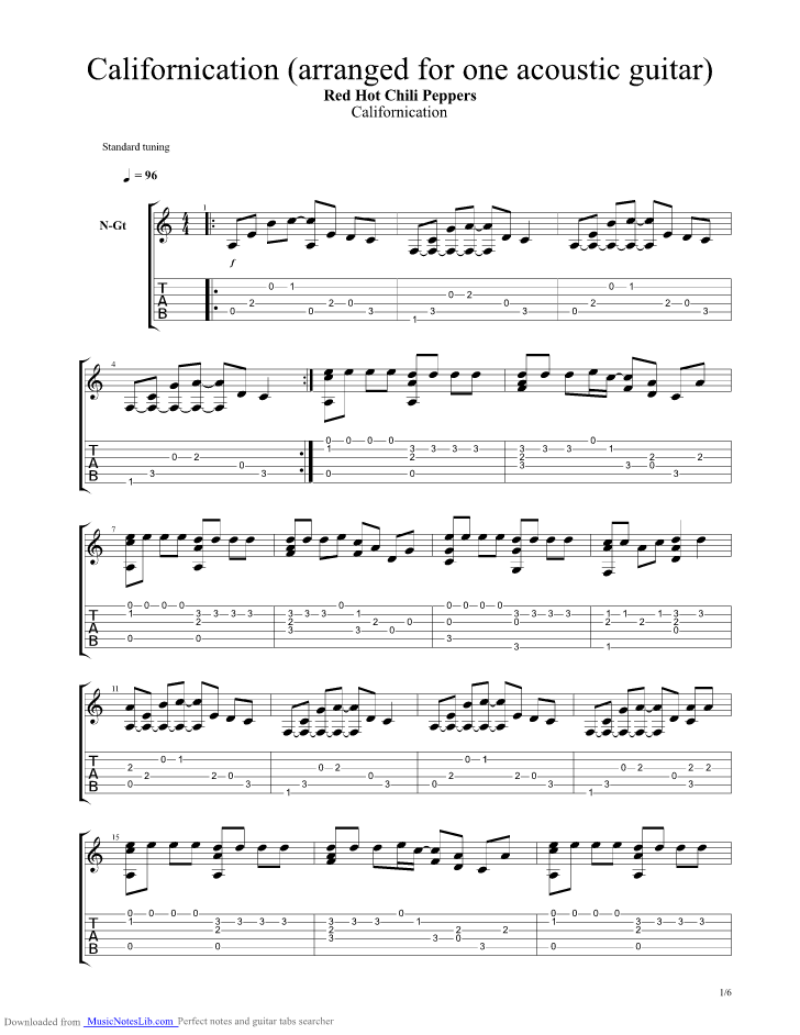 Californication arranged for one acoustic guitar guitar pro tab by Red