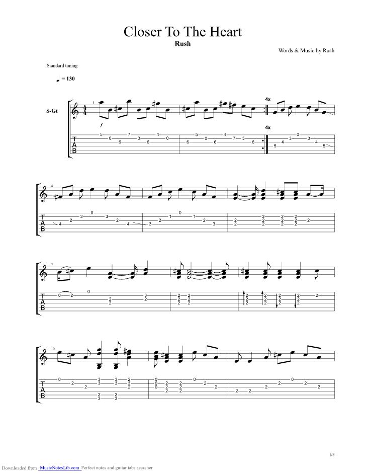 Closer to the Heart guitar pro tab by Rush