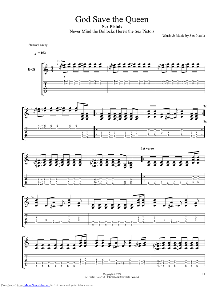 God Save The Queen guitar pro tab by Sex Pistols