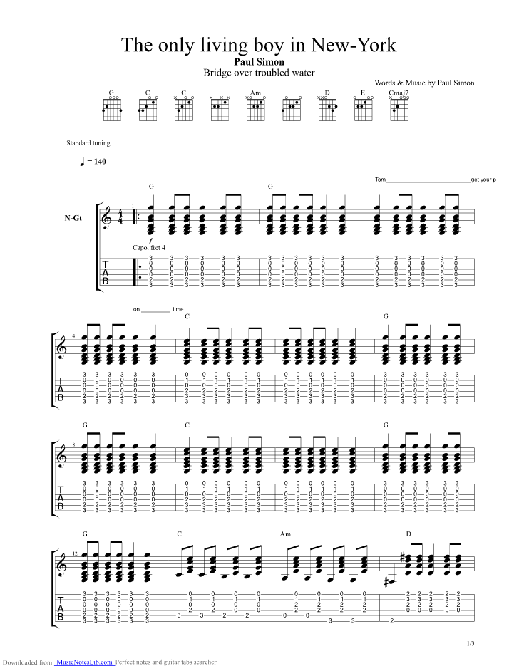 The only living boy in New York guitar pro tab by Paul Simon