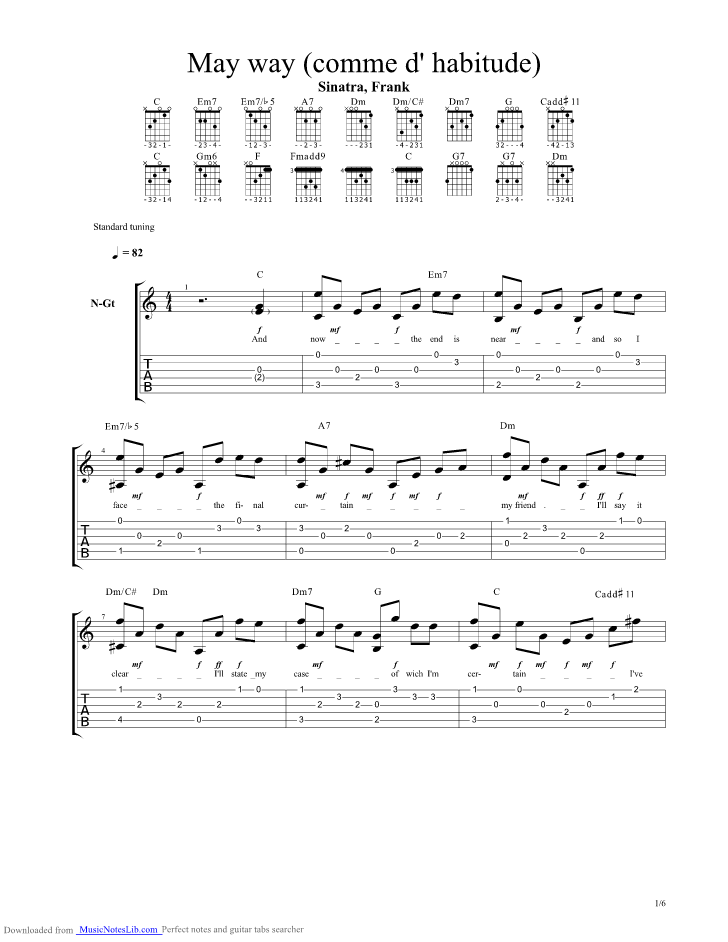 My Way Comme D Habitude guitar pro tab by Frank Sinatra
