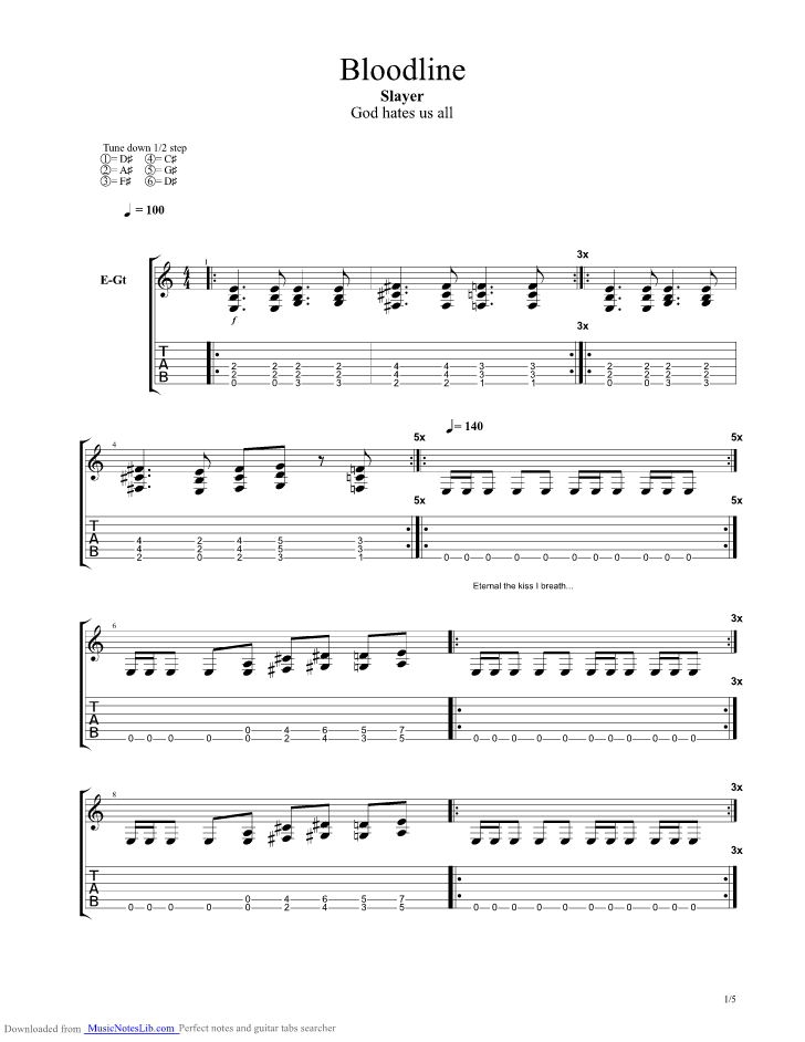 Bloodline guitar pro tab by Slayer