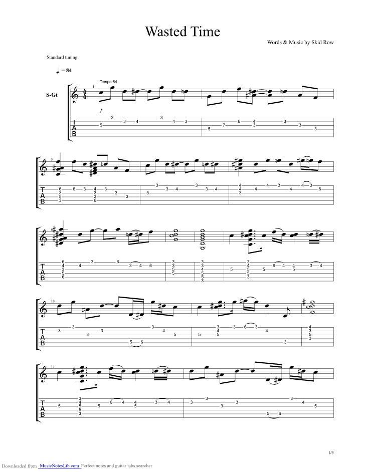 Wasted Time guitar pro tab by Skid Row