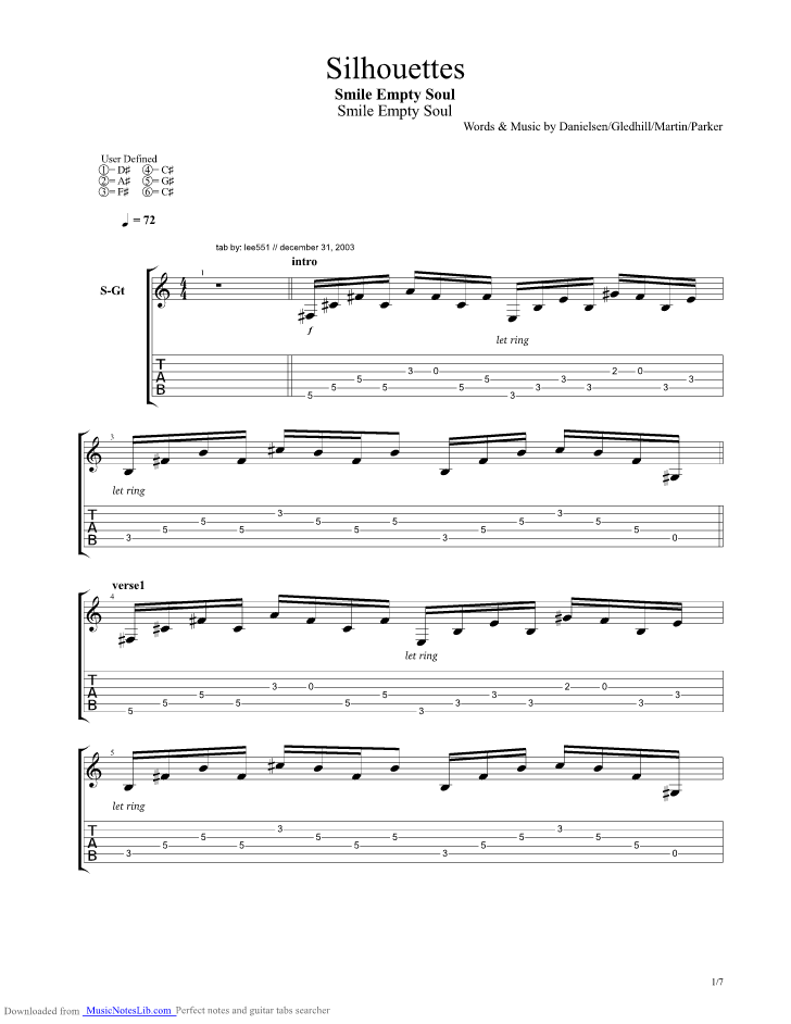 Silhouettes guitar pro tab by Smile Empty Soul
