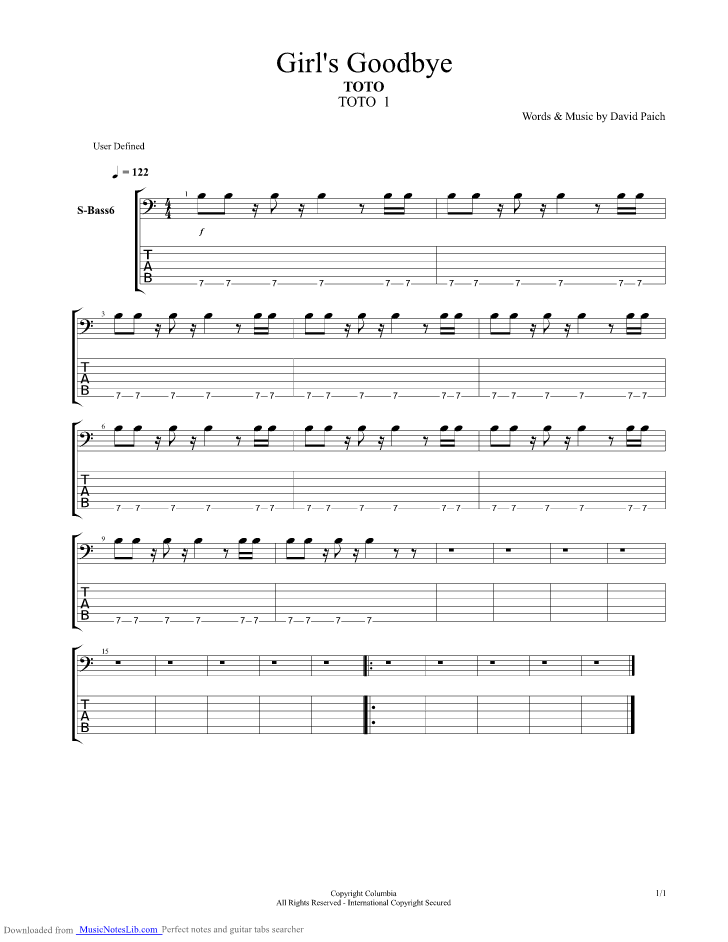 Girls Goodbye guitar pro tab by Toto