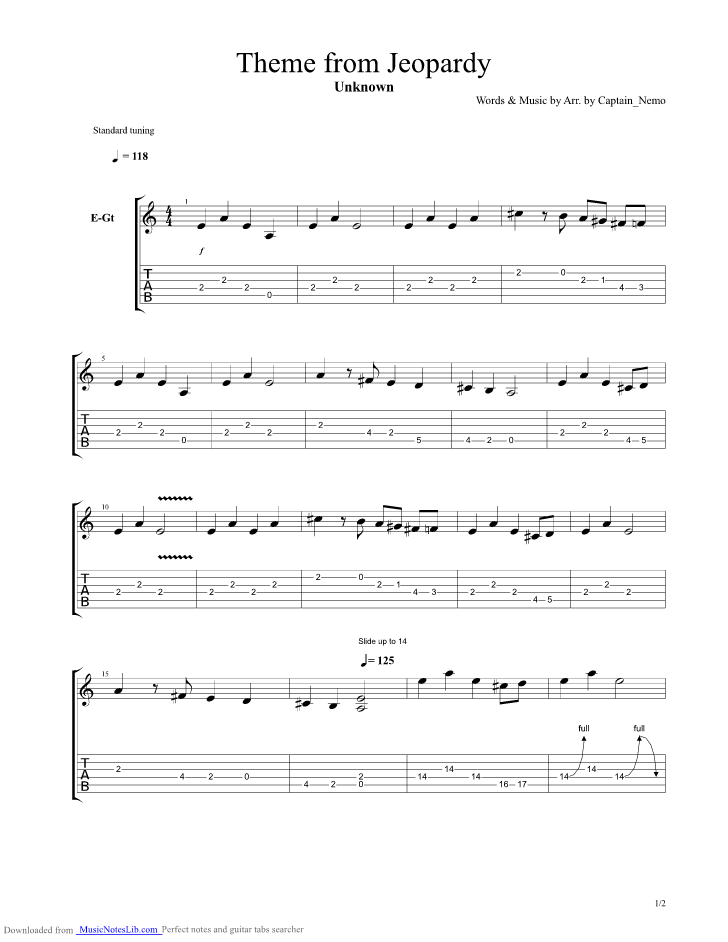 Jeopardy Theme guitar pro tab by Unknown TV