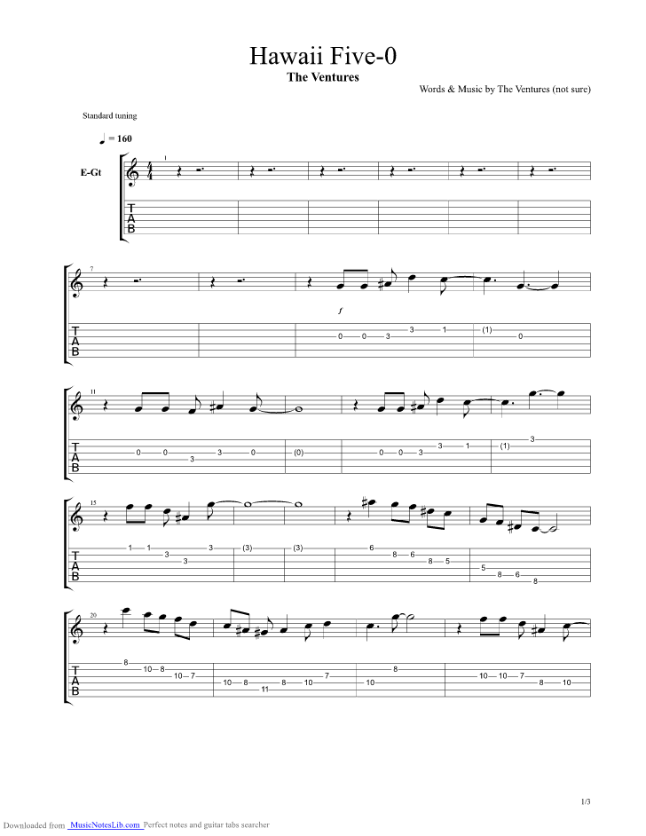 Hawaii Five0 guitar pro tab by The Ventures