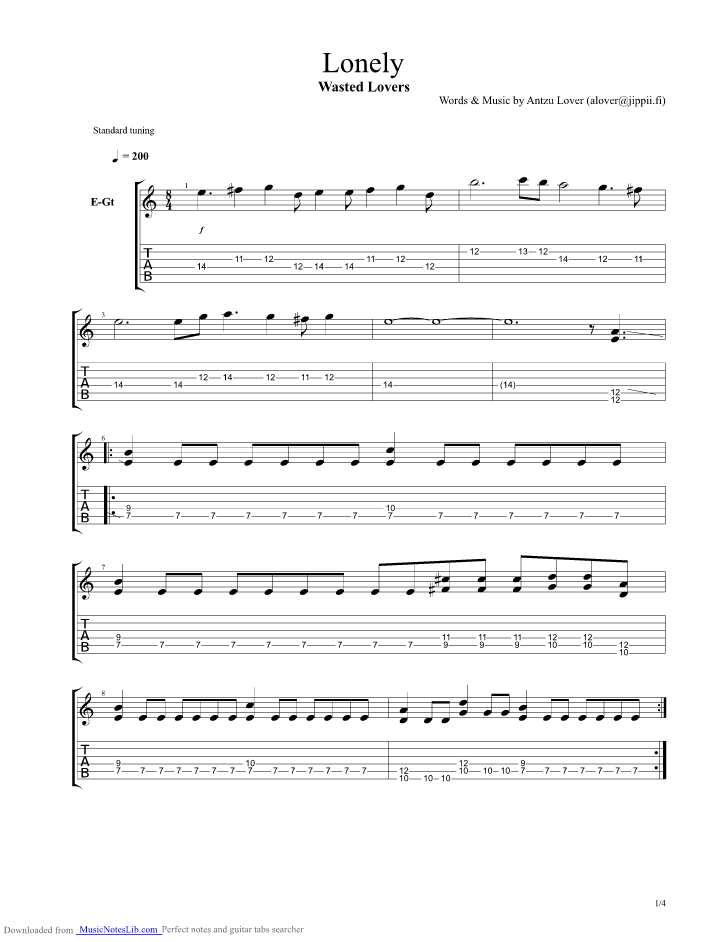 Lonely guitar pro tab by Wasted Lovers