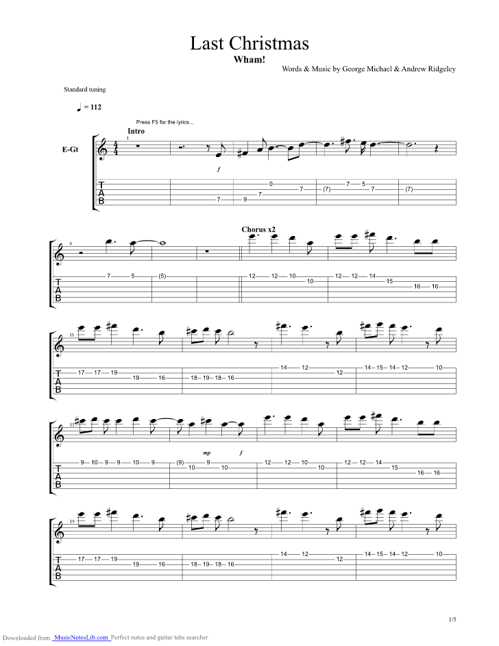 Last Christmas guitar pro tab by Wham