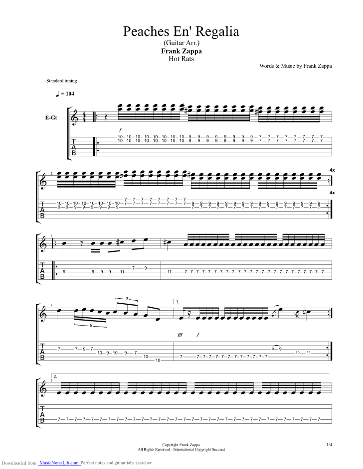 Peaches En Regalia Guitar Arrangement guitar pro tab by Frank Zappa