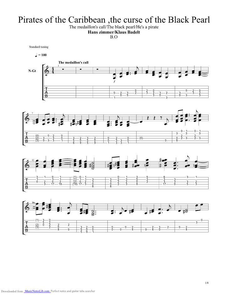 Pirates Of The Caribbean The Curse Of The Black Pearl guitar pro tab by