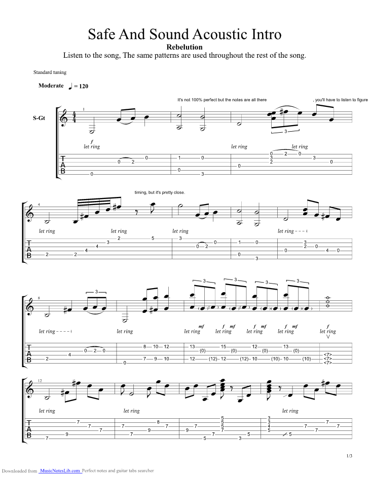 Safe And Sound Acoustic guitar pro tab by Rebelution