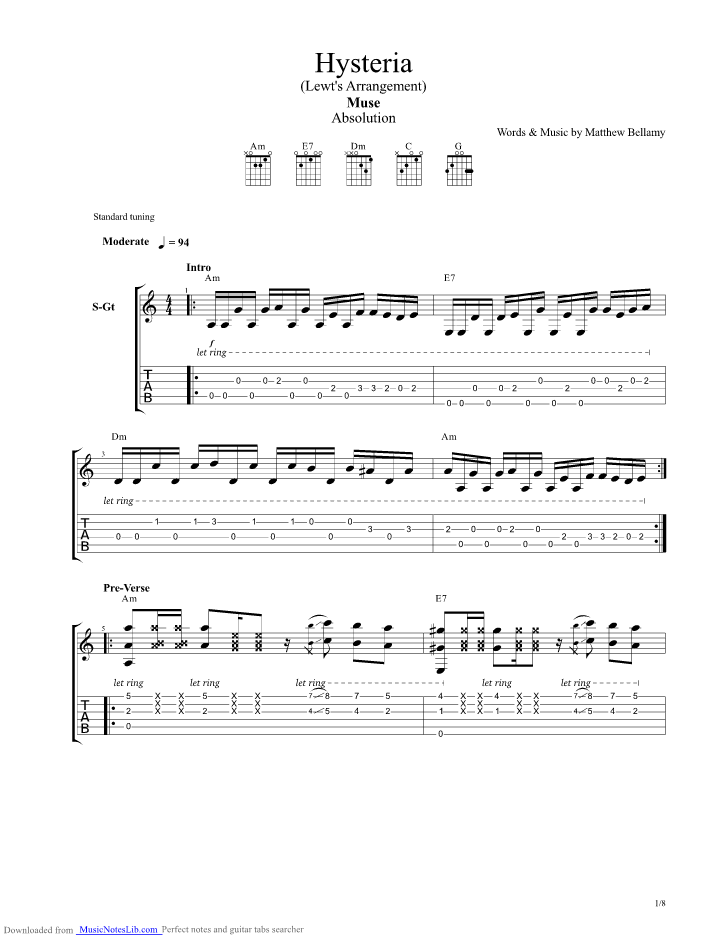 Hysteria guitar pro tab by Muse