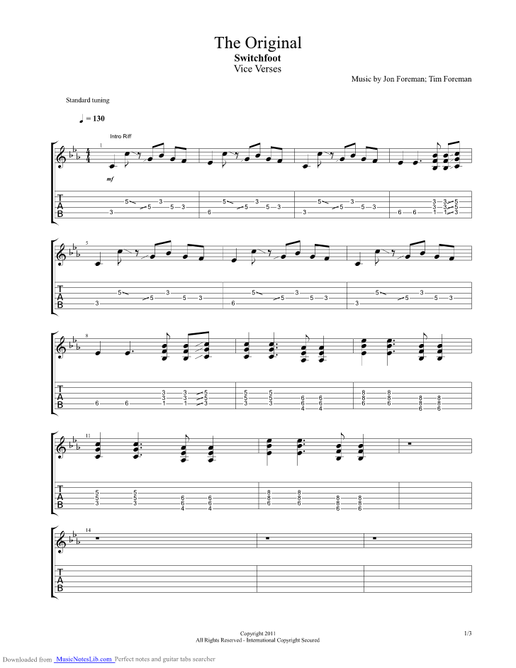 The Original guitar pro tab by Switchfoot