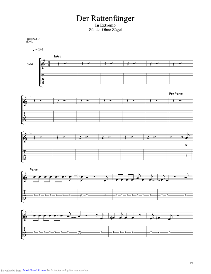 Der Rattenfaenger guitar pro tab by In Extremo