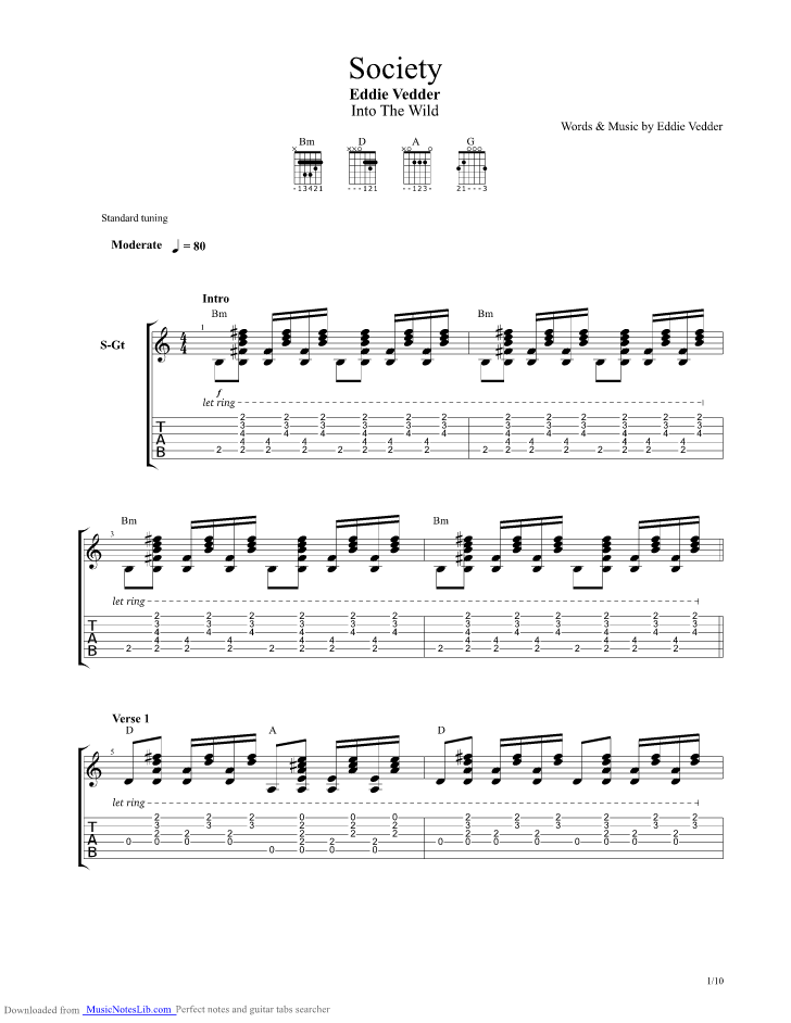 Society guitar pro tab by Eddie Vedder