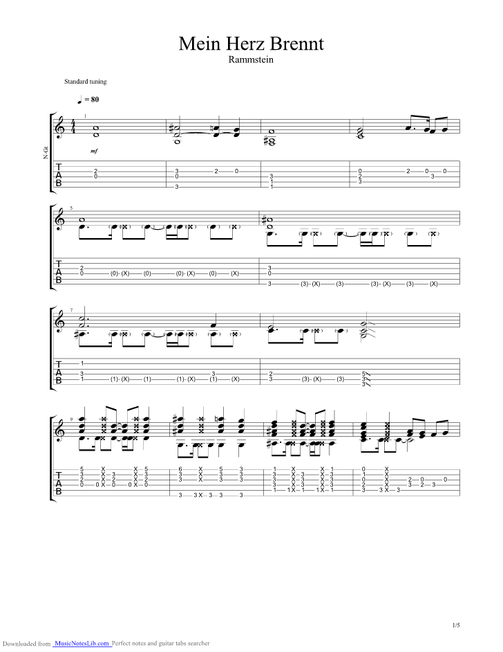 Mein Herz Brennt guitar pro tab by Rammstein