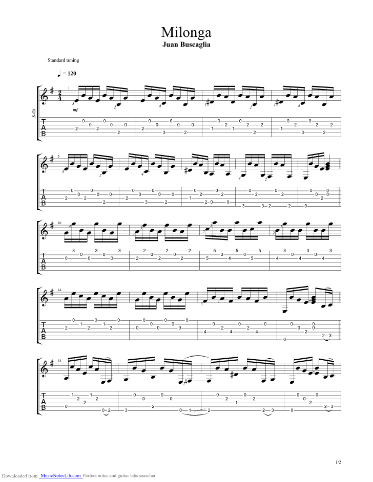 Milonga guitar pro tab by Juan Buscaglia
