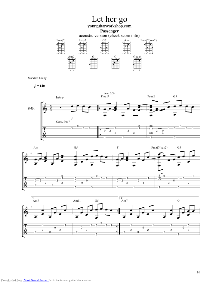 Let Her Go guitar pro tab by Passenger