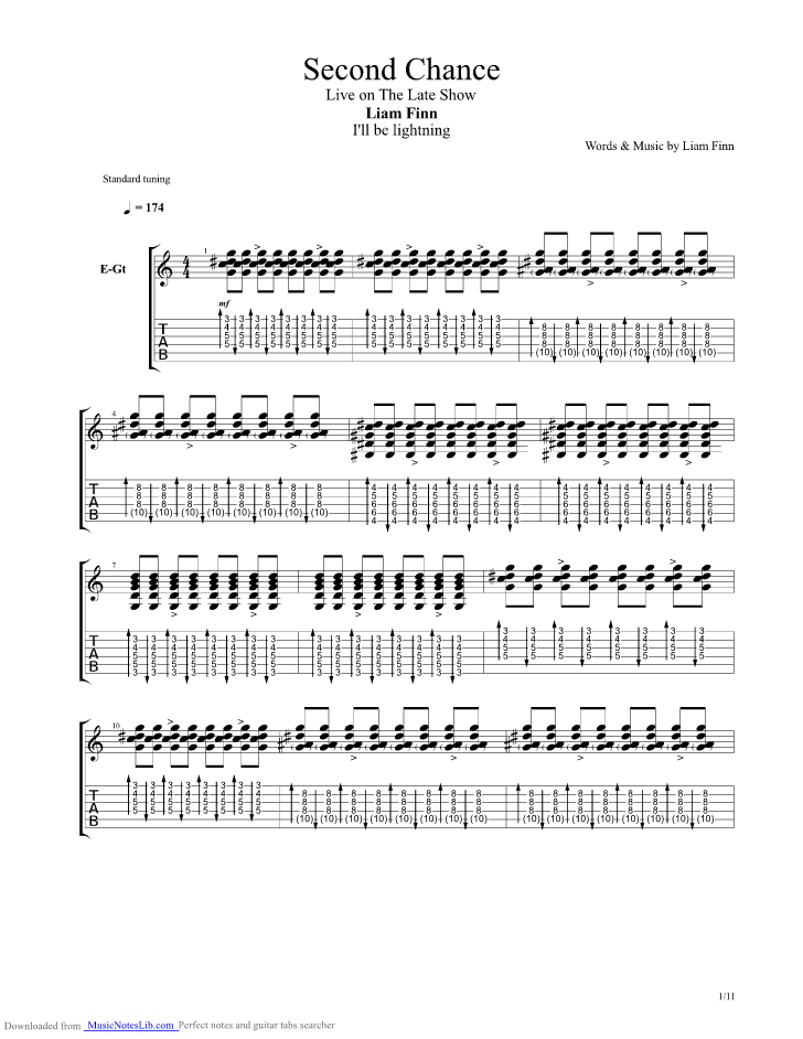 Second Chance guitar pro tab by Liam Finn