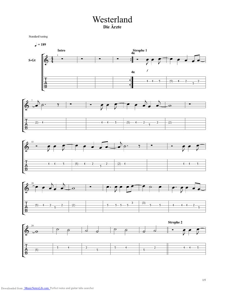 Westerland guitar pro tab by Die Artze