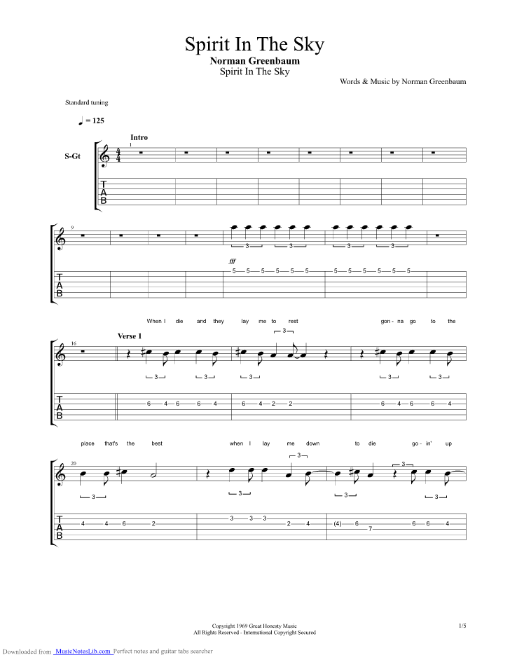 Spirit In The Sky guitar pro tab by Greenbaum Norman