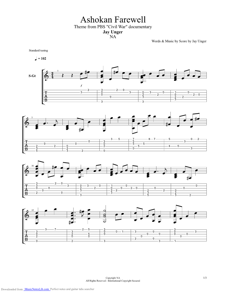 Ashokan Farewell guitar pro tab by Jay Unger