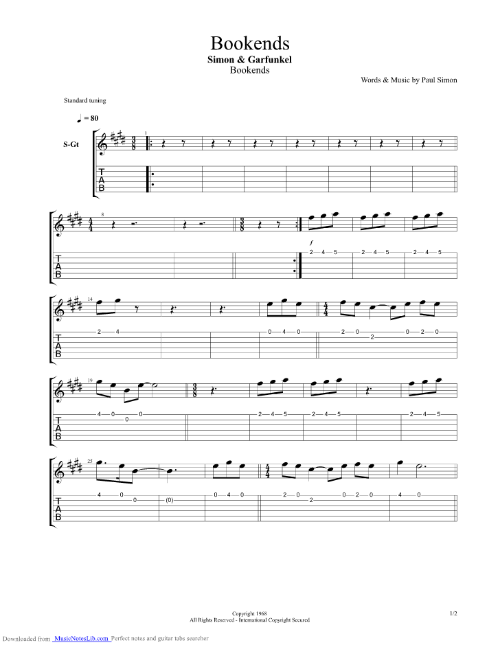 Bookends guitar pro tab by Simon And Garfunkel