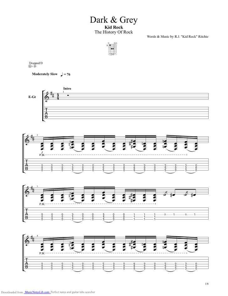 Dark And Grey guitar pro tab by Kid Rock