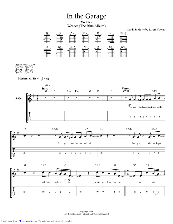 In The Garage guitar pro tab by Weezer