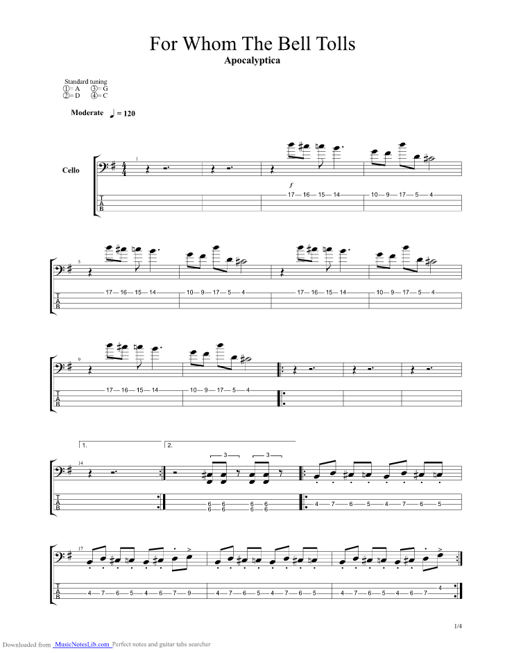 For Whom the Bell Tolls guitar pro tab by Apocalyptica