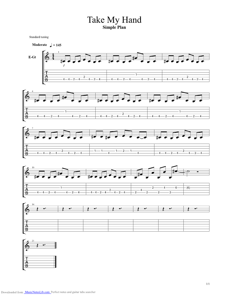 Take My Hand guitar pro tab by Simple plan