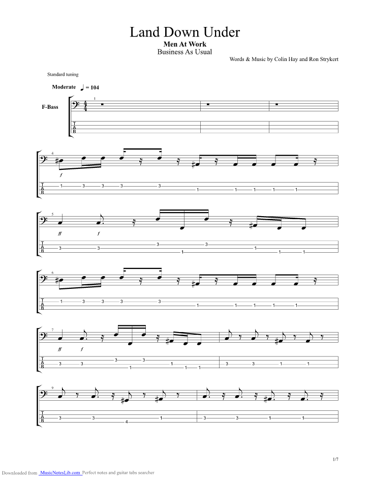 Land Down Under guitar pro tab by Men At Work