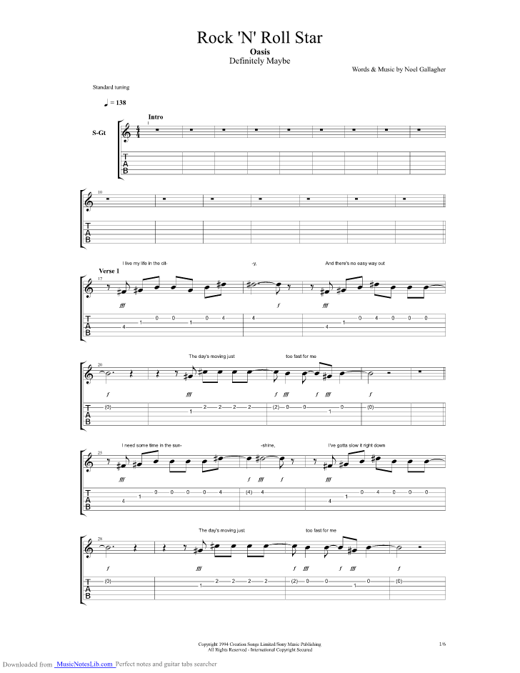 Rock N Roll Star guitar pro tab by Oasis