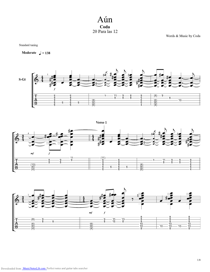 Aun Te Amo guitar pro tab by Coda