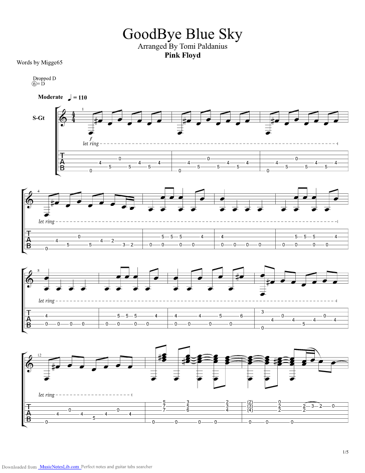 Goodbye Blue Sky guitar pro tab by Tomi Paldanius