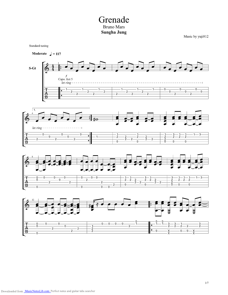 Grenade guitar pro tab by Sungha Jung