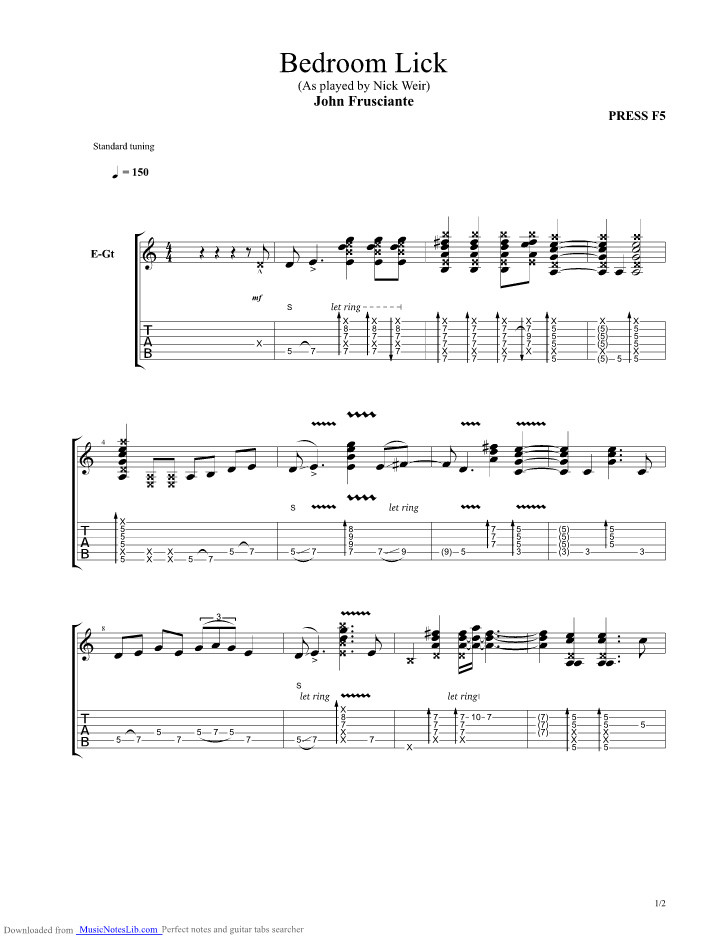 Bedroom Lick guitar pro tab by John Frusciante