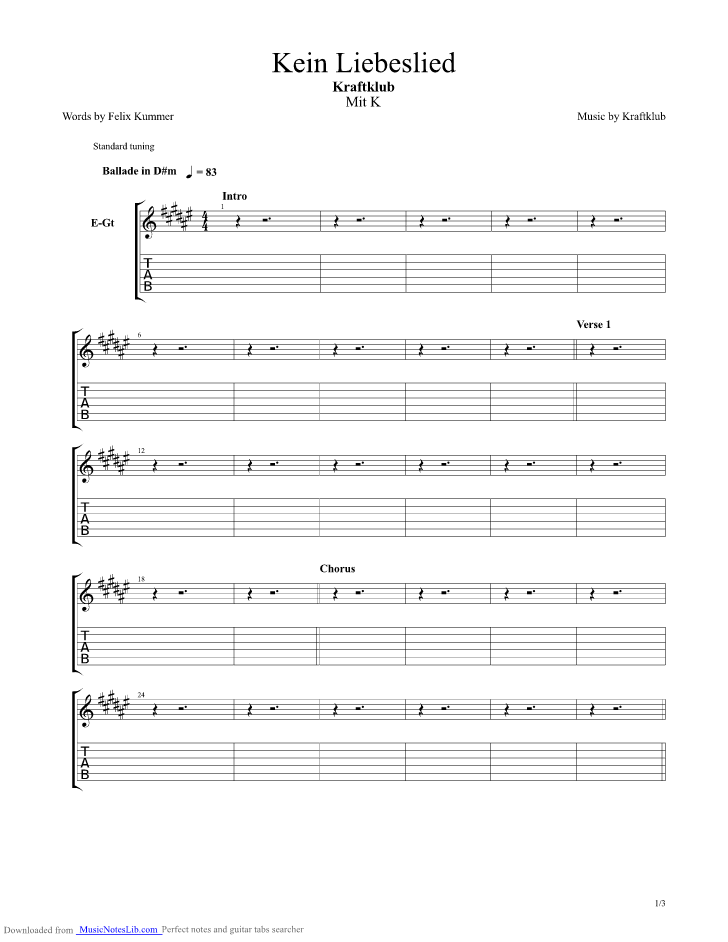 Kein Liebeslied guitar pro tab by Kraftklub