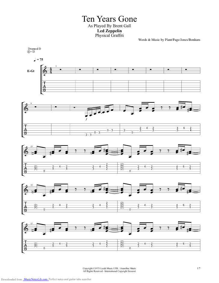 Ten Years Gone guitar pro tab by Led Zeppelin