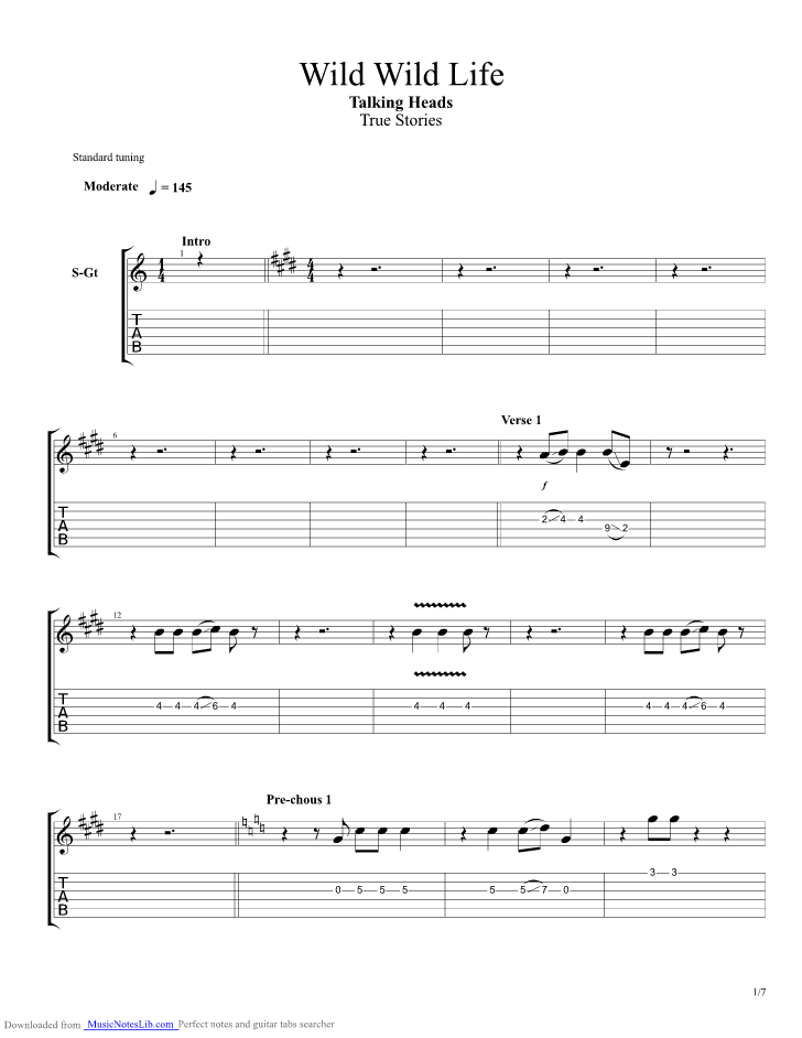 Wild Wild Life guitar pro tab by Talking Heads